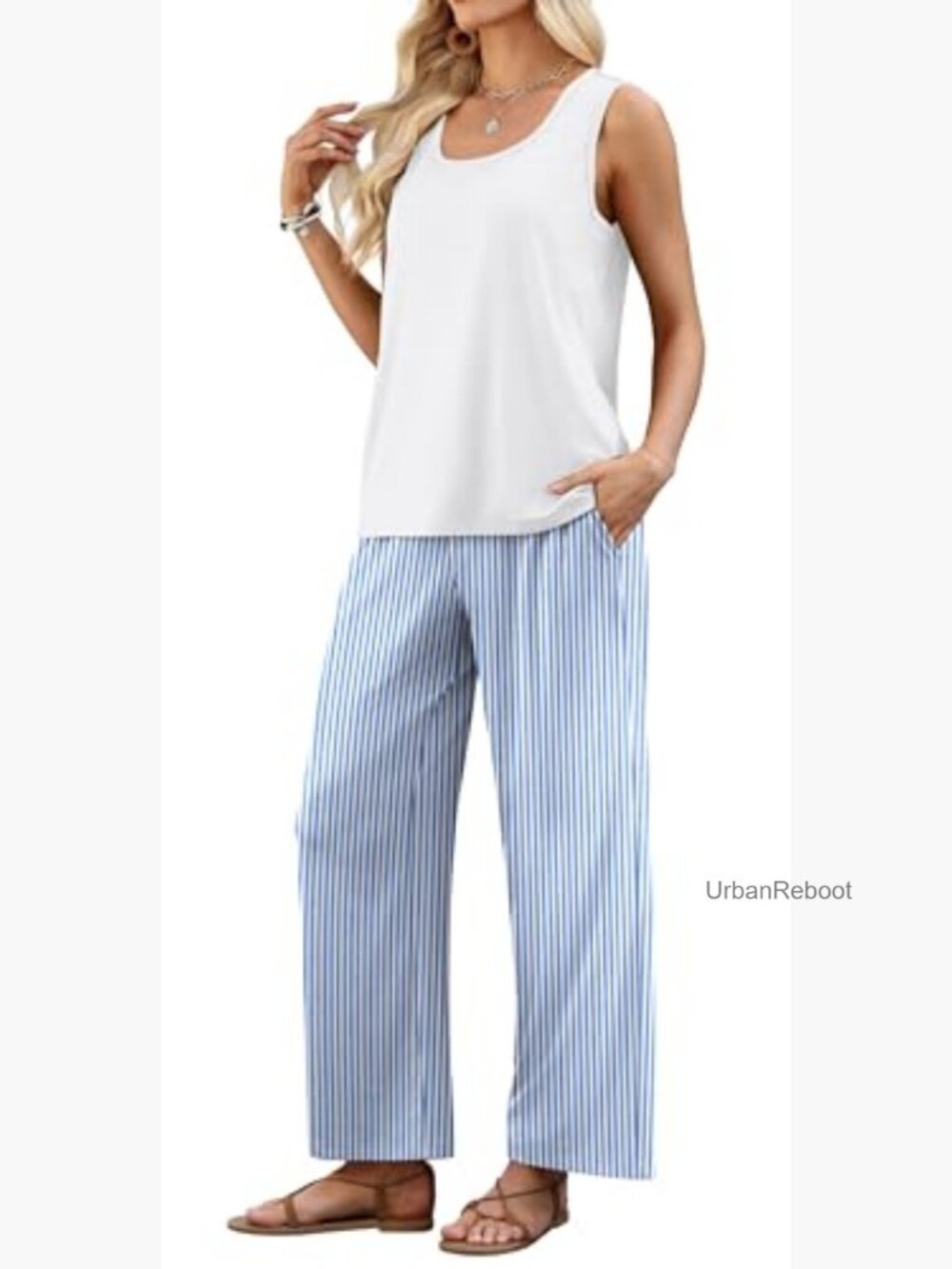 Women's 2 Piece Set Summer Travel Outfits Tank Top Wide Leg Pants Lounge Set - Picture 4 of 7